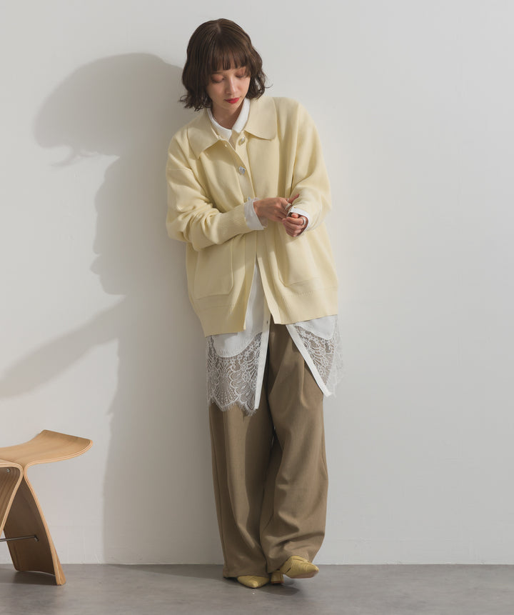 【TOPS SET】メタルボタン衿付きニットカーディガン＋ポプリン裾レースシャツワンピース