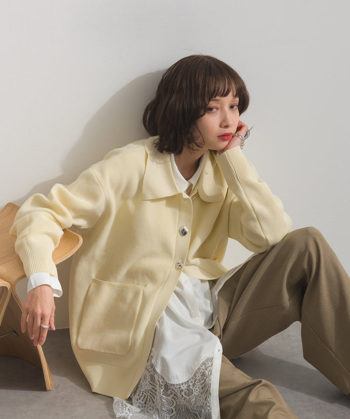 【TOPS SET】メタルボタン衿付きニットカーディガン＋ポプリン裾レースシャツワンピース