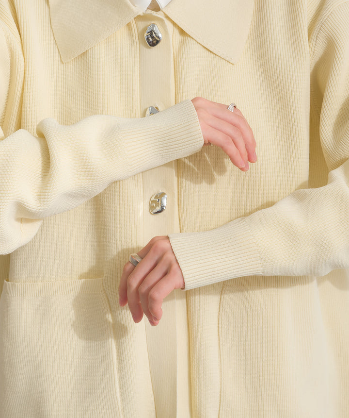 【TOPS SET】メタルボタン衿付きニットカーディガン＋ポプリン裾レースシャツワンピース