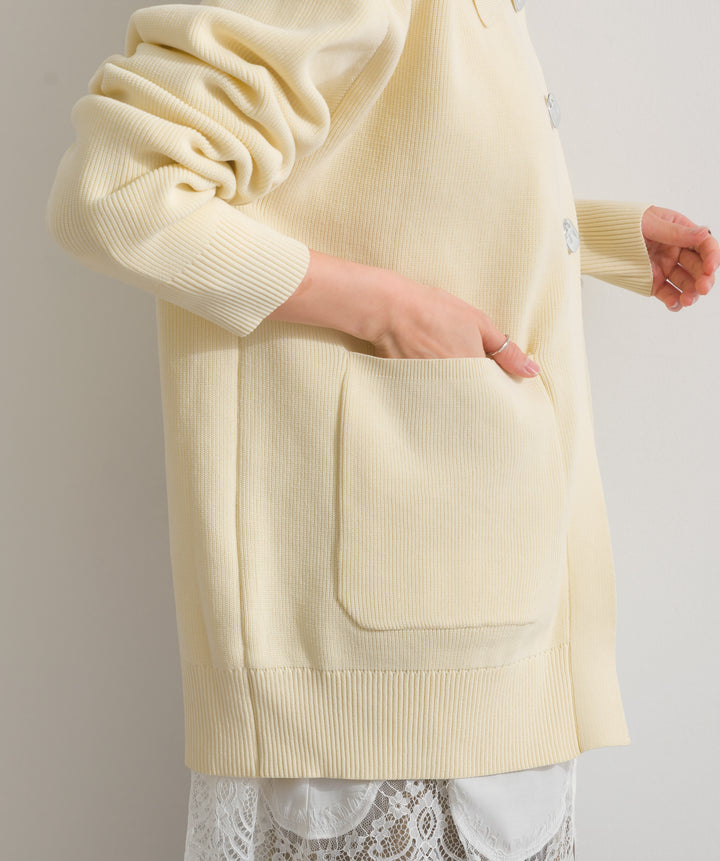 【TOPS SET】メタルボタン衿付きニットカーディガン＋ポプリン裾レースシャツワンピース