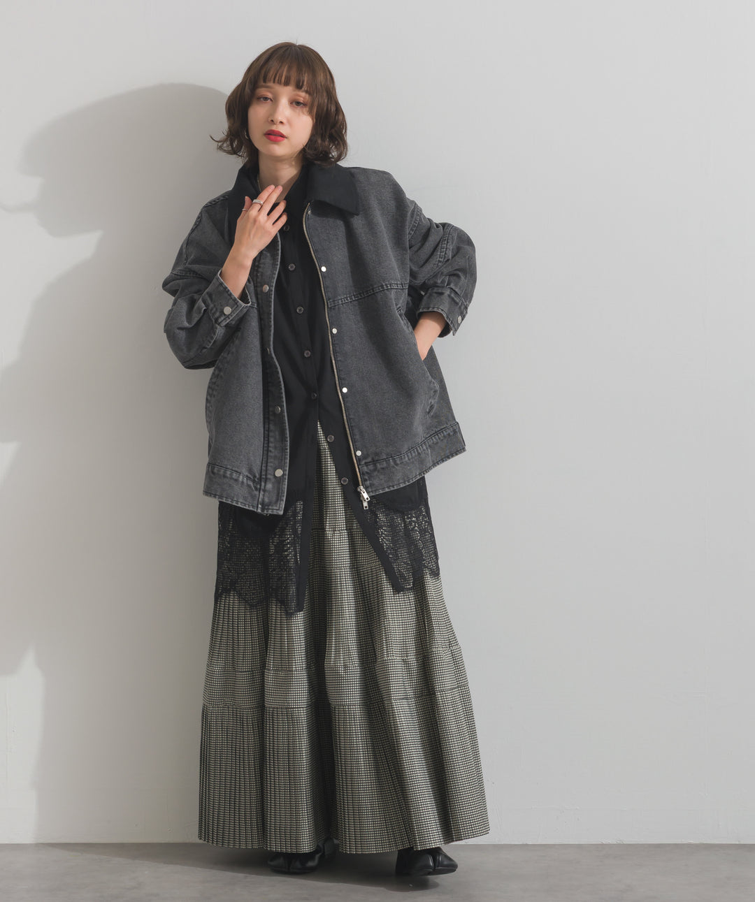 ポプリン裾レースシャツワンピース