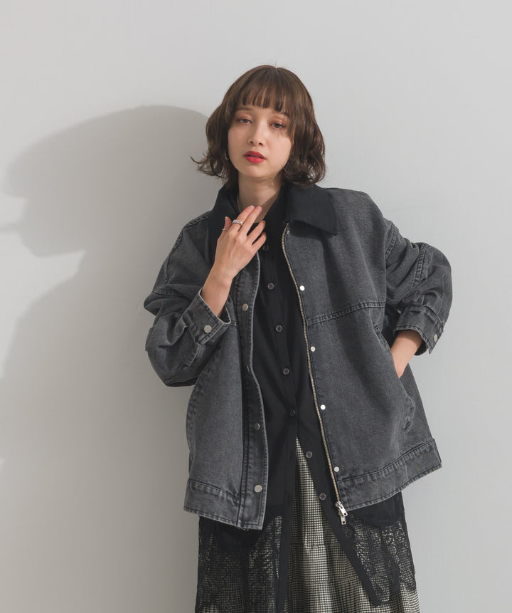 スウェード襟切替デニムブルゾン