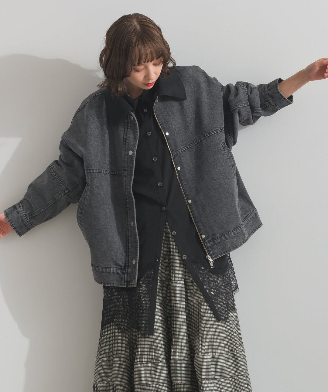 ポプリン裾レースシャツワンピース