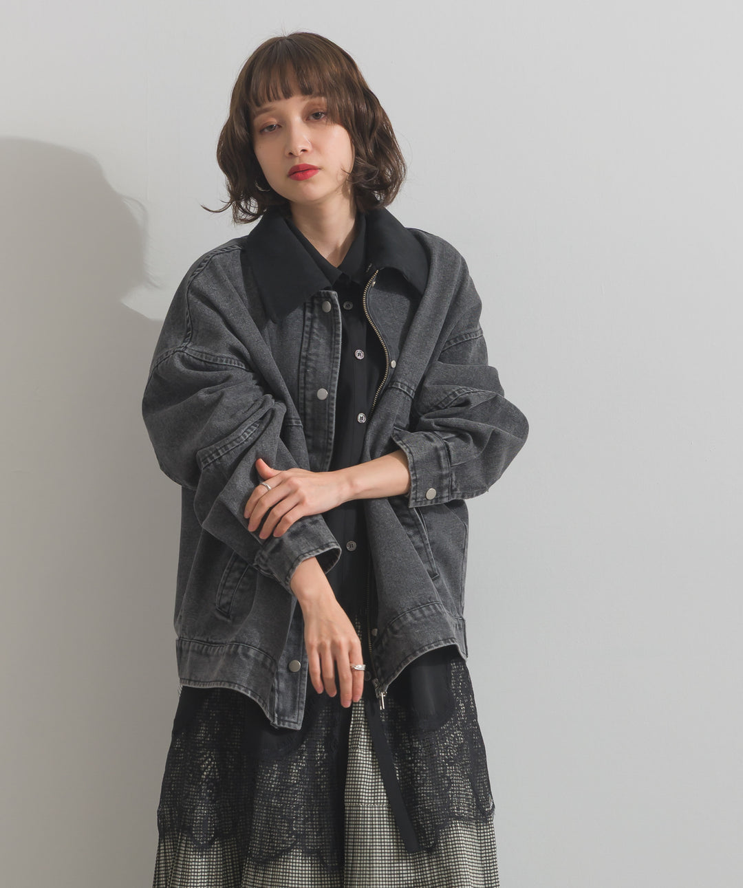 スウェード襟切替デニムブルゾン