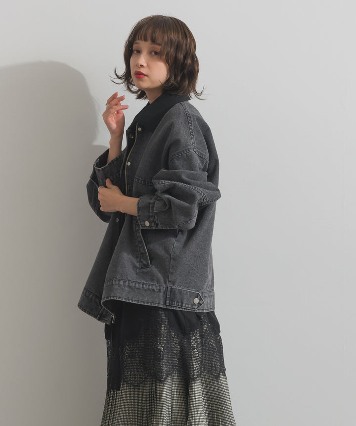 スウェード襟切替デニムブルゾン