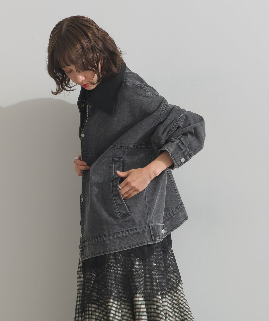 スウェード襟切替デニムブルゾン