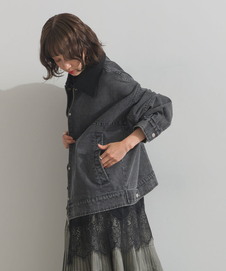 スウェード襟切替デニムブルゾン