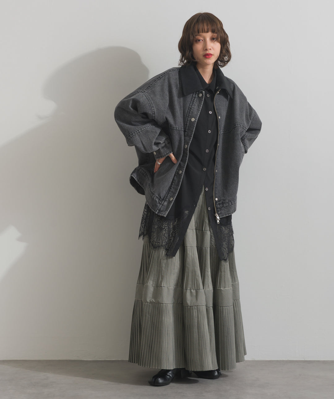 ポプリン裾レースシャツワンピース