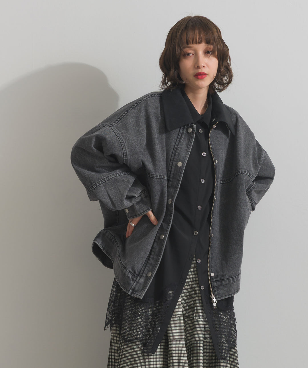 スウェード襟切替デニムブルゾン