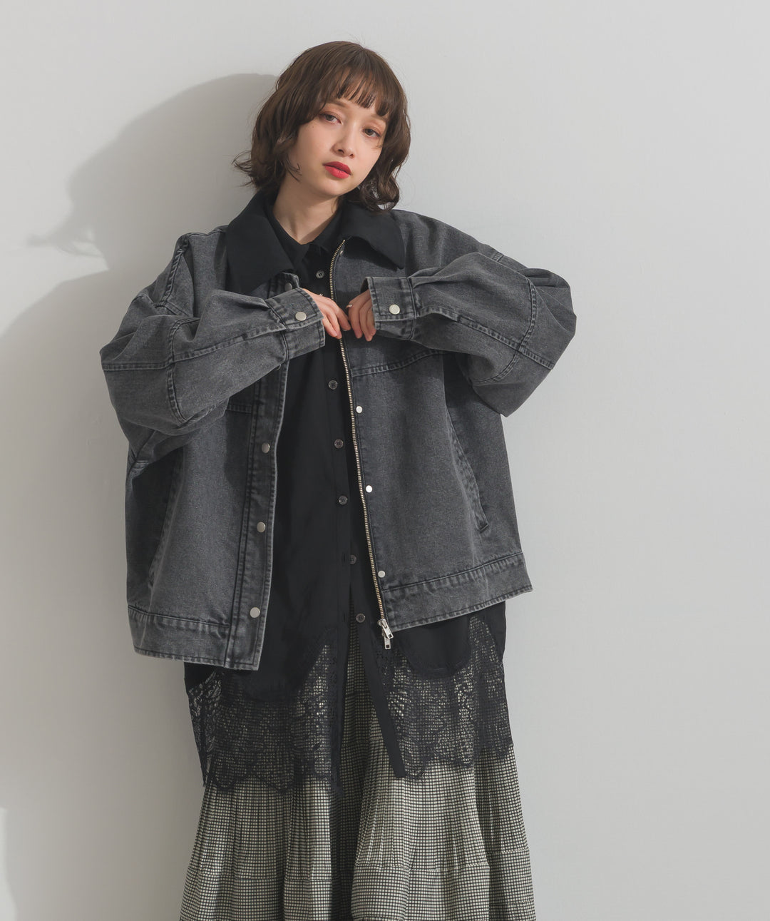 ポプリン裾レースシャツワンピース