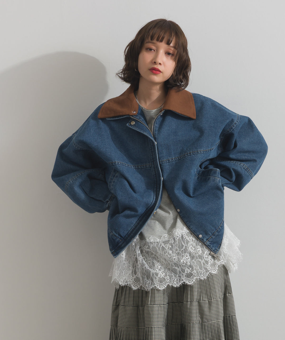 スウェード襟切替デニムブルゾン