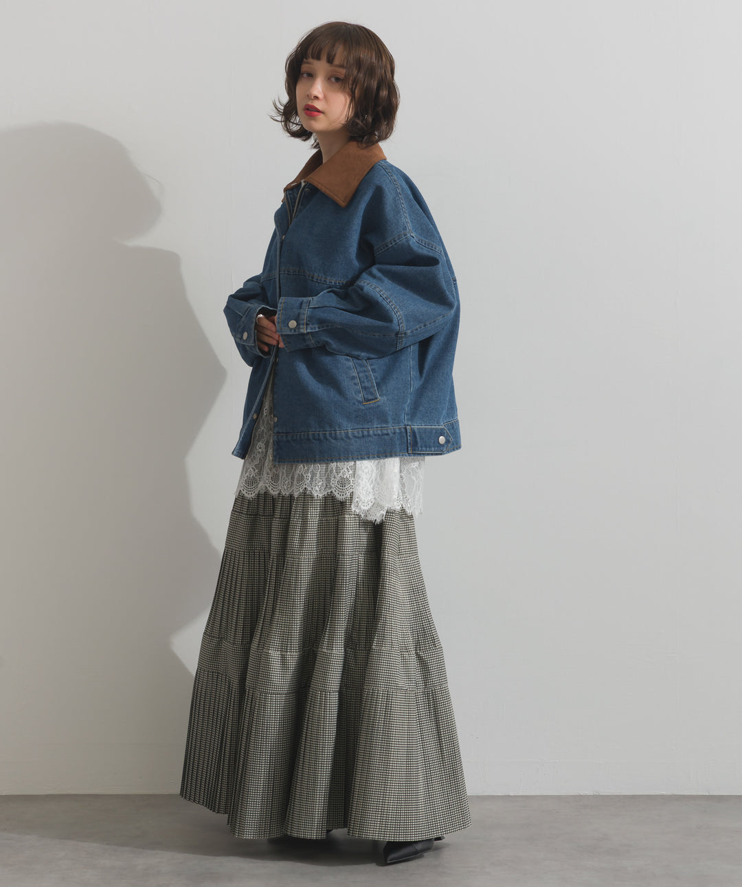 【TOPS SET】スウェード襟切替デニムブルゾン＋ポプリン裾レースシャツワンピース