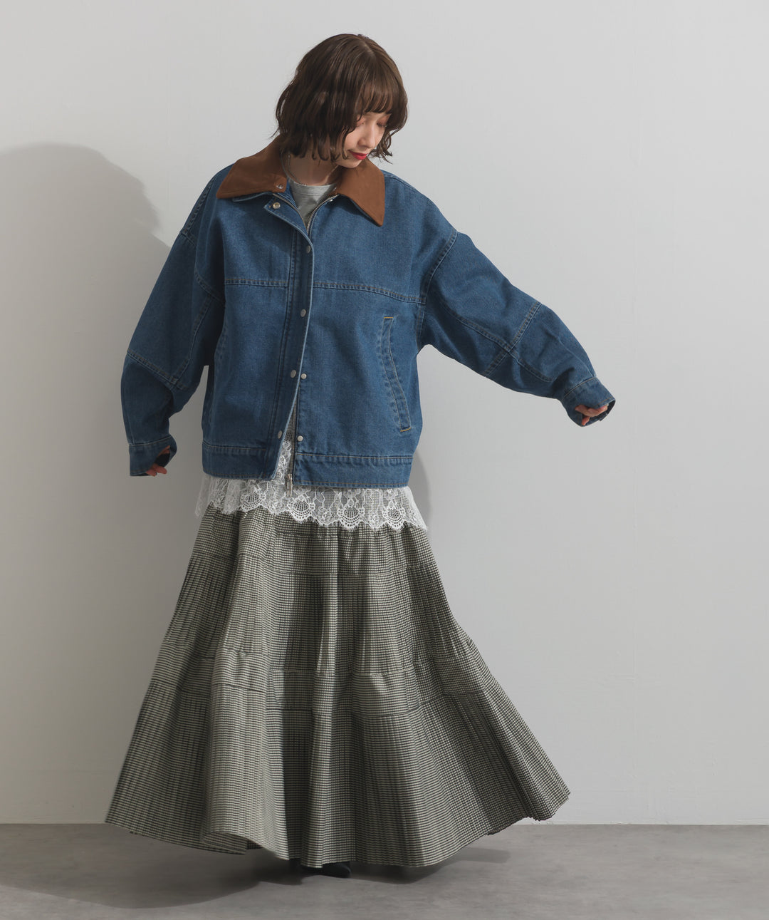 【TOPS SET】スウェード襟切替デニムブルゾン＋ポプリン裾レースシャツワンピース