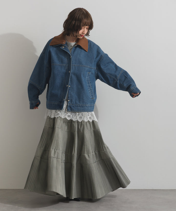 【TOPS SET】スウェード襟切替デニムブルゾン＋ポプリン裾レースシャツワンピース