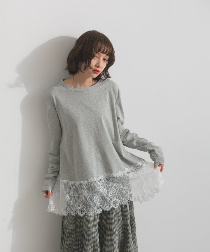 【TOPS SET】異素材ミックスヤーンニットプルオーバー＋裾レースロングスリーブTシャツ