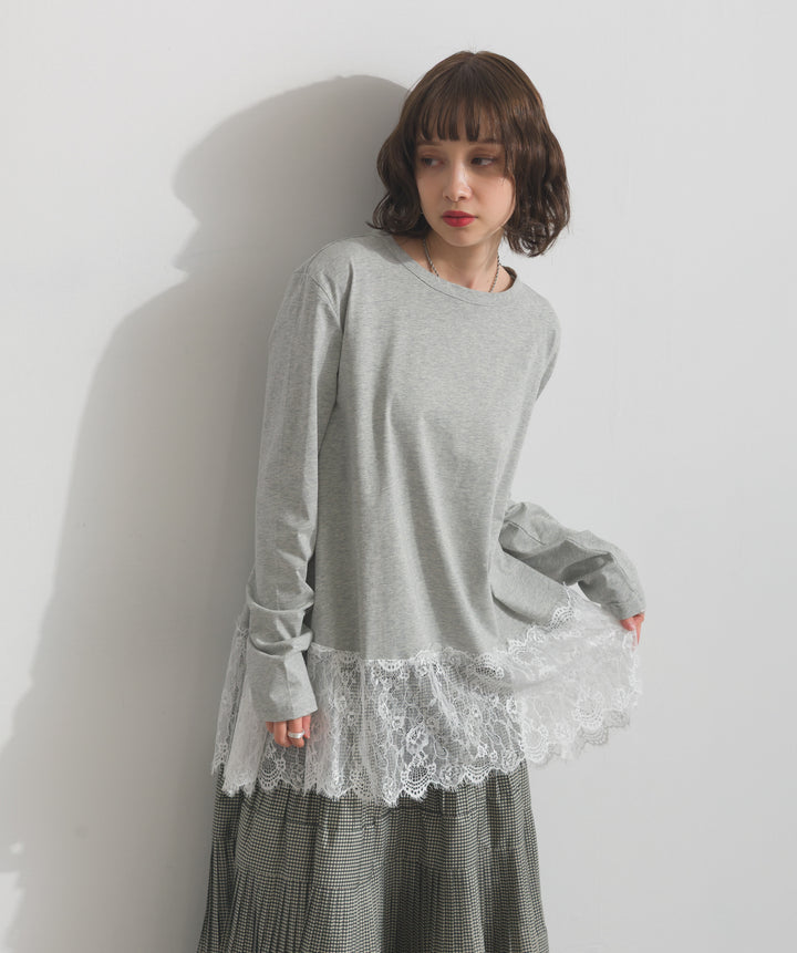【TOPS SET】異素材ミックスヤーンニットプルオーバー＋裾レースロングスリーブTシャツ