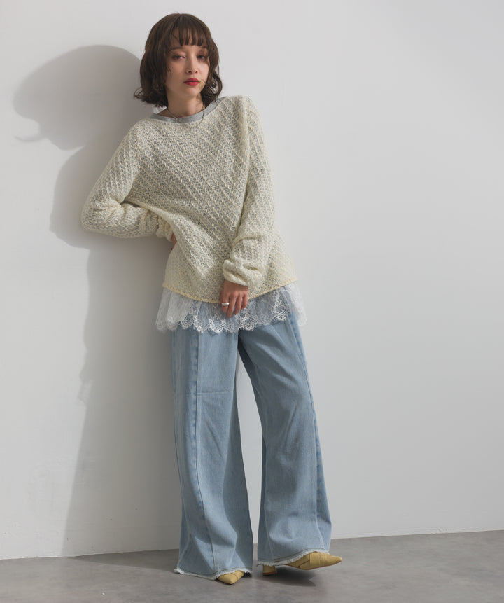 【TOPS SET】異素材ミックスヤーンニットプルオーバー＋裾レースロングスリーブTシャツ