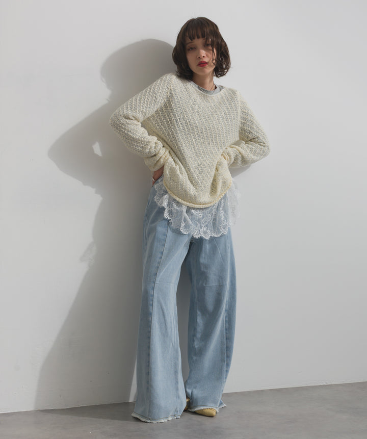 【TOPS SET】異素材ミックスヤーンニットプルオーバー＋裾レースロングスリーブTシャツ