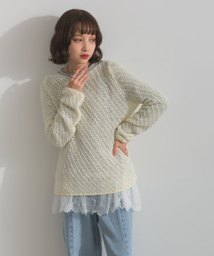 裾レースロングスリーブTシャツ