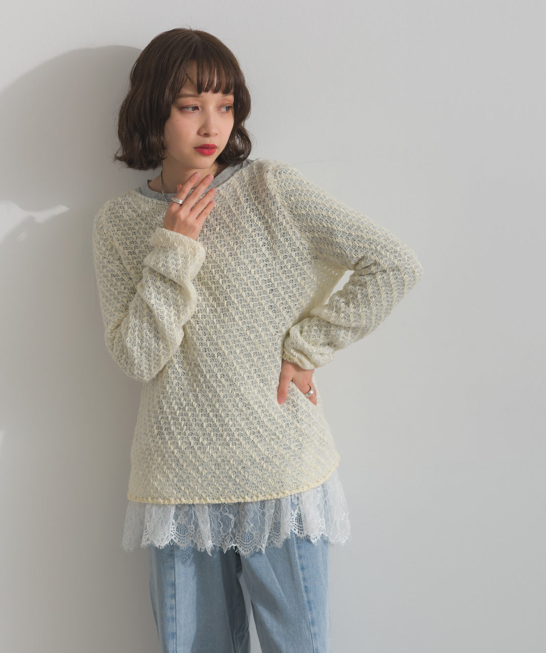 【TOPS SET】異素材ミックスヤーンニットプルオーバー＋裾レースロングスリーブTシャツ