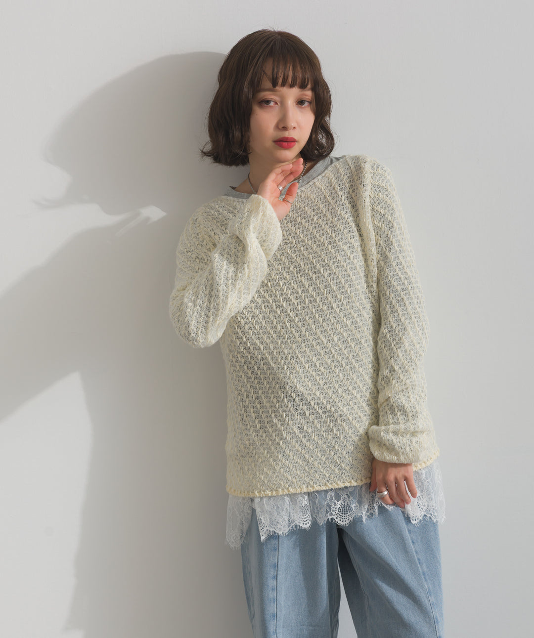 【TOPS SET】異素材ミックスヤーンニットプルオーバー＋裾レースロングスリーブTシャツ