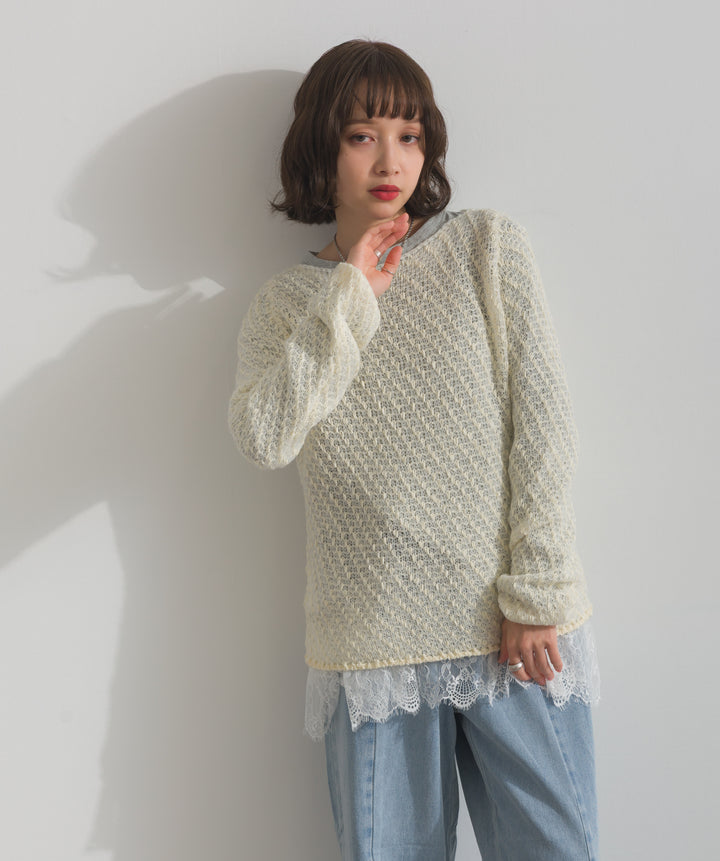 【TOPS SET】異素材ミックスヤーンニットプルオーバー＋裾レースロングスリーブTシャツ