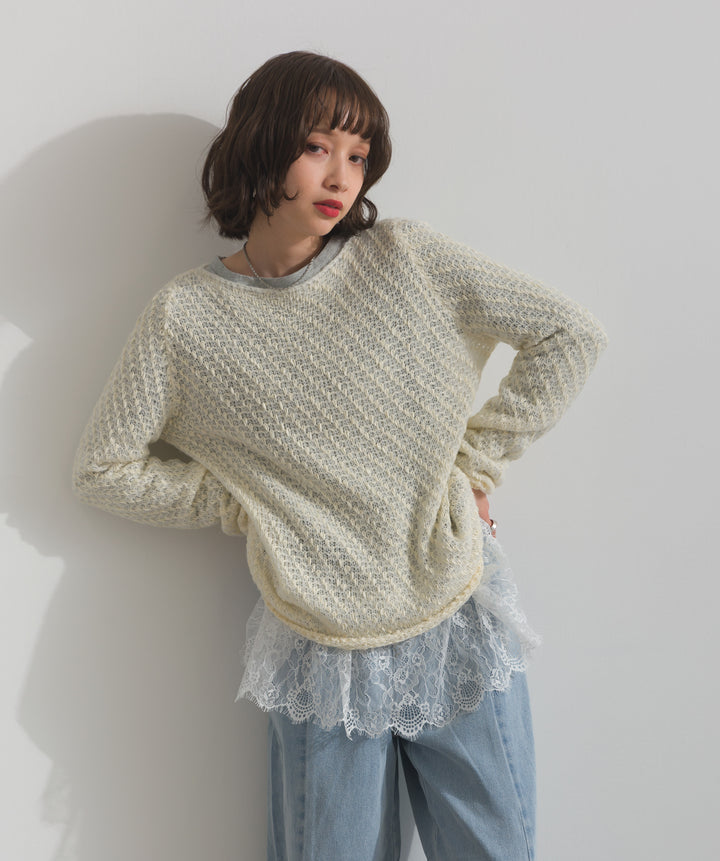 【TOPS SET】異素材ミックスヤーンニットプルオーバー＋裾レースロングスリーブTシャツ