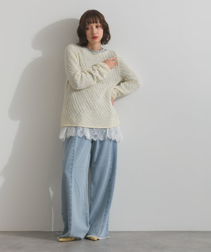 【TOPS SET】異素材ミックスヤーンニットプルオーバー＋裾レースロングスリーブTシャツ