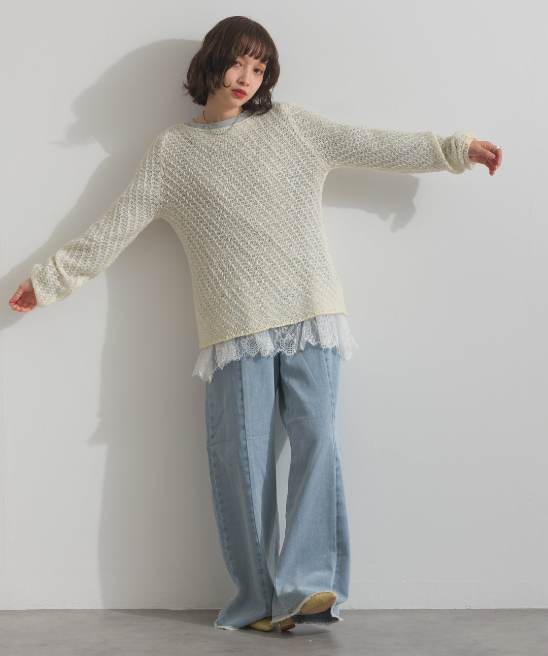 【TOPS SET】異素材ミックスヤーンニットプルオーバー＋裾レースロングスリーブTシャツ