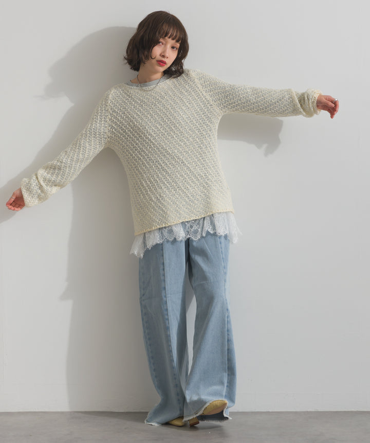 【TOPS SET】異素材ミックスヤーンニットプルオーバー＋裾レースロングスリーブTシャツ