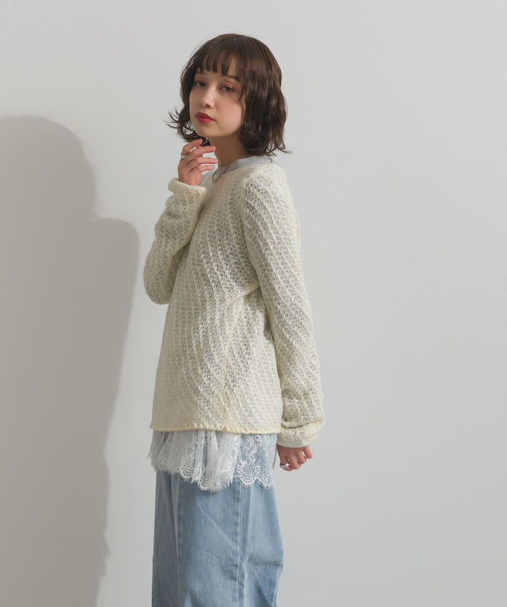 【TOPS SET】異素材ミックスヤーンニットプルオーバー＋裾レースロングスリーブTシャツ