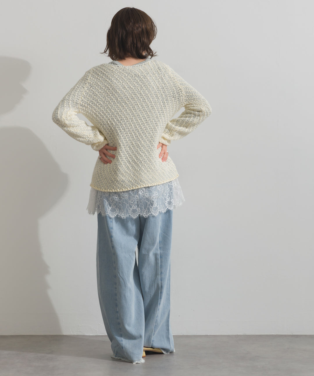 【TOPS SET】異素材ミックスヤーンニットプルオーバー＋裾レースロングスリーブTシャツ