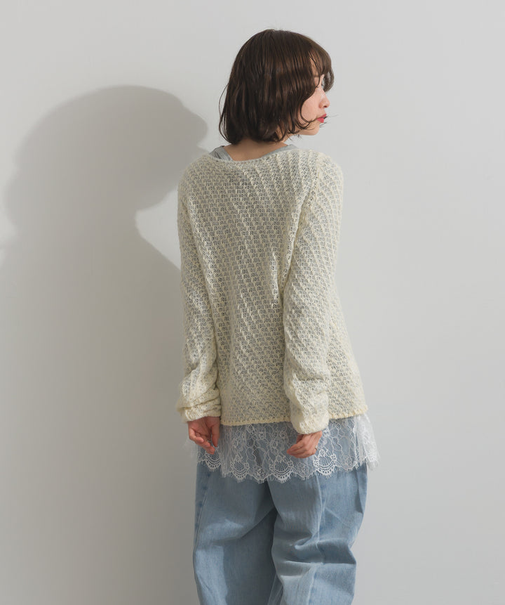 【TOPS SET】異素材ミックスヤーンニットプルオーバー＋裾レースロングスリーブTシャツ