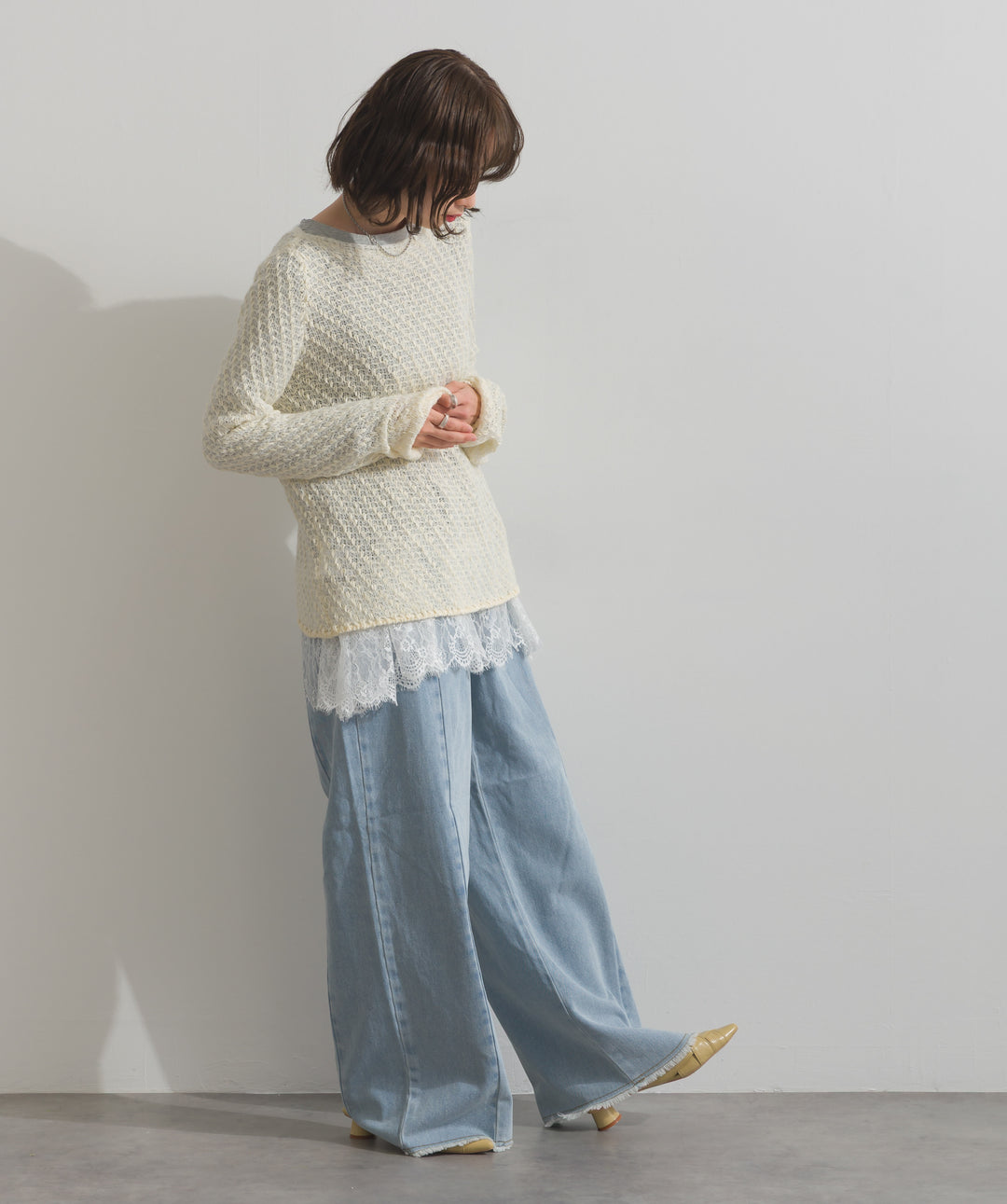 【TOPS SET】異素材ミックスヤーンニットプルオーバー＋裾レースロングスリーブTシャツ