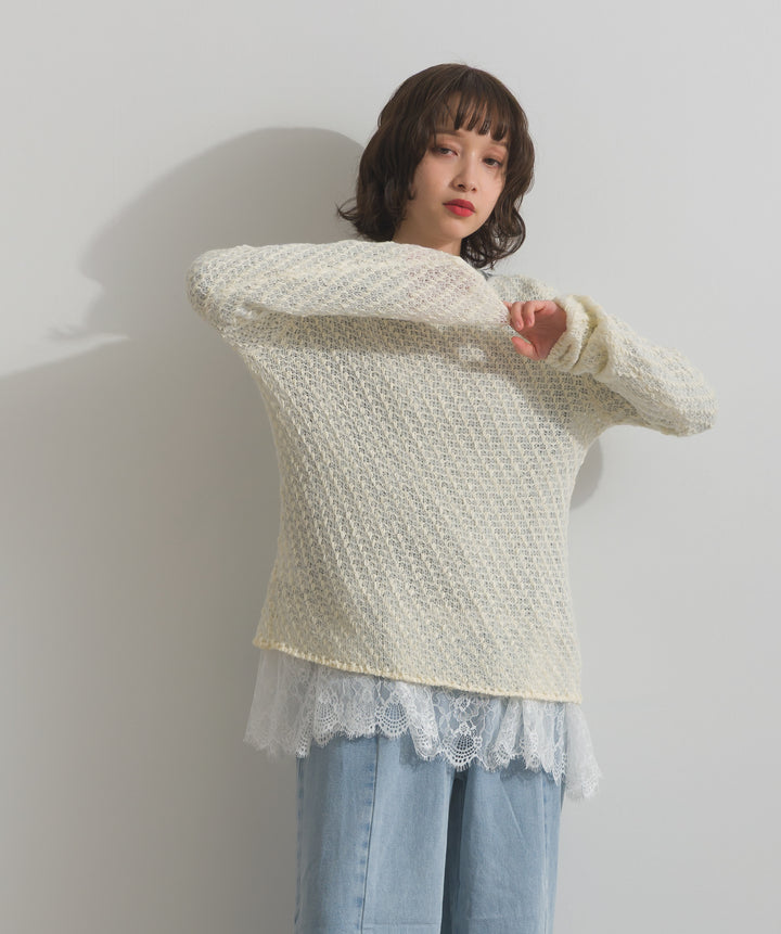 【TOPS SET】異素材ミックスヤーンニットプルオーバー＋裾レースロングスリーブTシャツ
