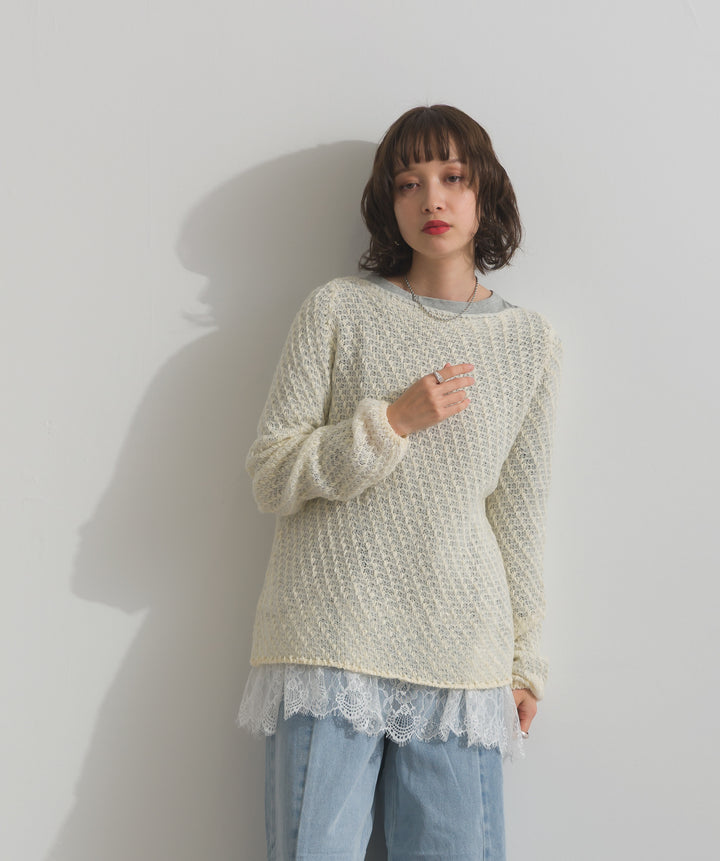 【TOPS SET】異素材ミックスヤーンニットプルオーバー＋裾レースロングスリーブTシャツ