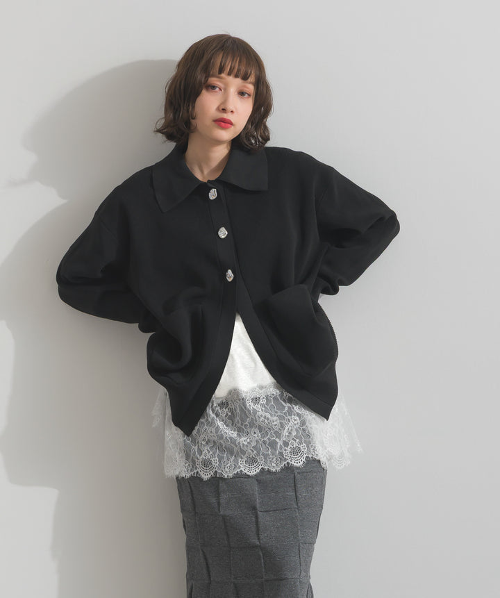 【TOPS SET】メタルボタン衿付きニットカーディガン＋裾レースロングスリーブTシャツ