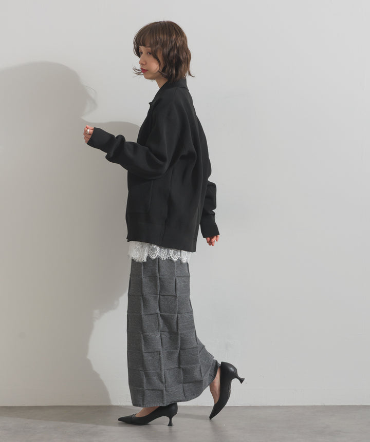 【TOPS SET】メタルボタン衿付きニットカーディガン＋裾レースロングスリーブTシャツ