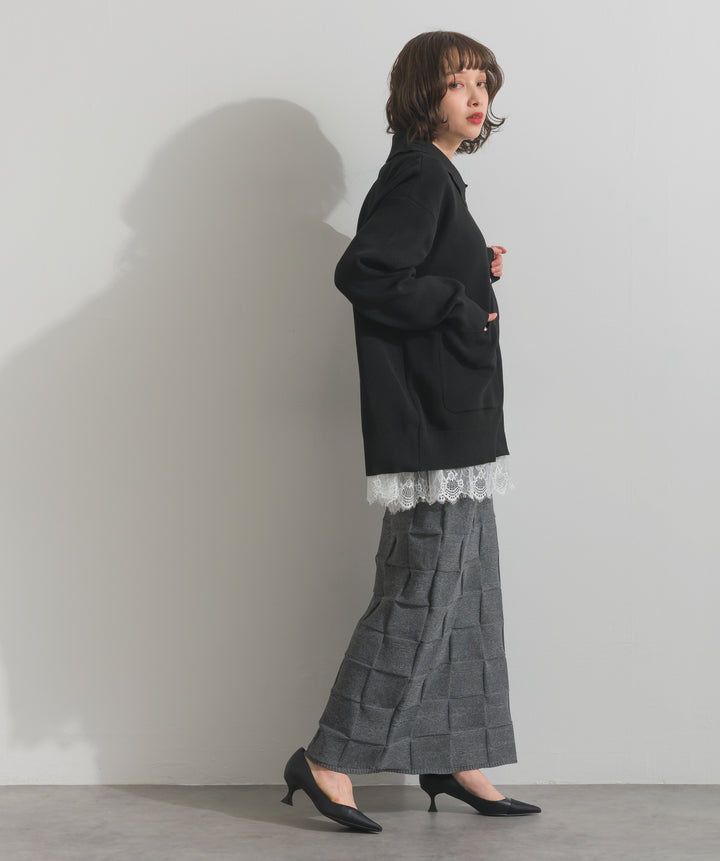 【TOPS SET】メタルボタン衿付きニットカーディガン＋裾レースロングスリーブTシャツ