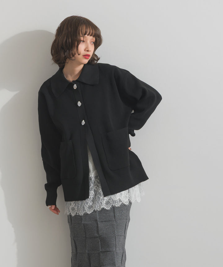 【TOPS SET】メタルボタン衿付きニットカーディガン＋裾レースロングスリーブTシャツ