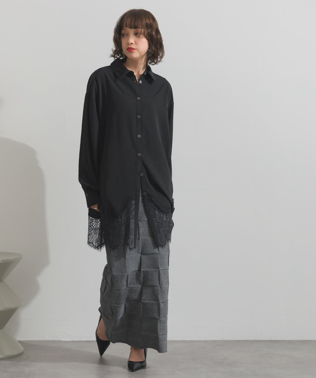 ポプリン裾レースシャツワンピース