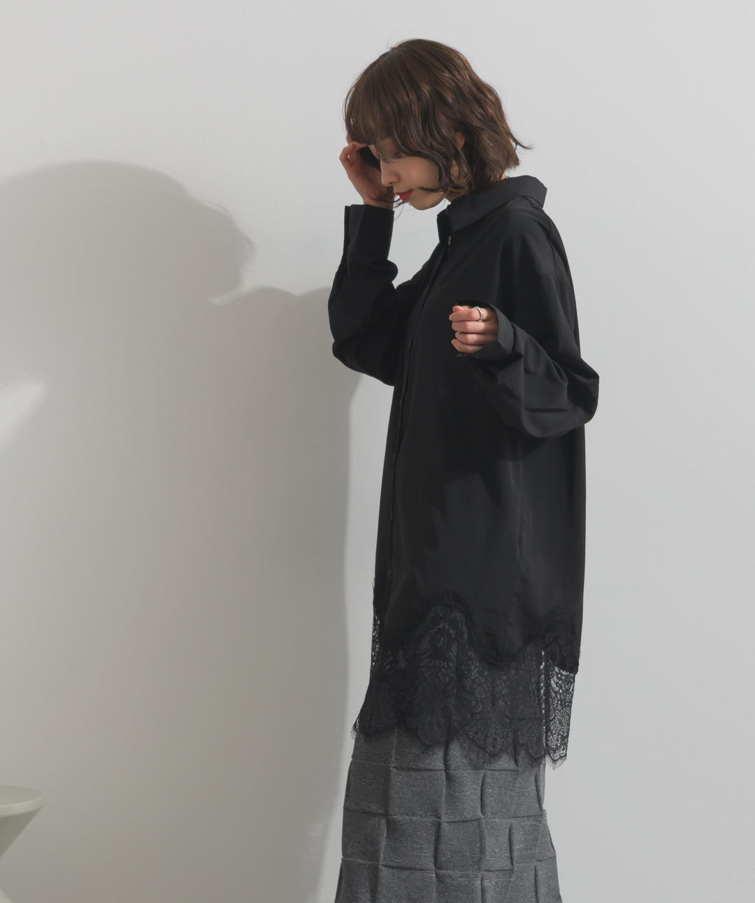 ポプリン裾レースシャツワンピース