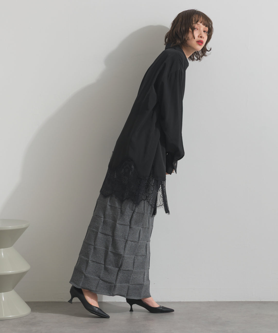 ポプリン裾レースシャツワンピース