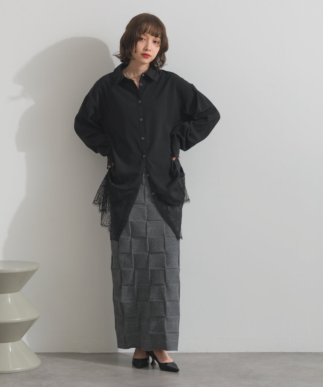 ポプリン裾レースシャツワンピース