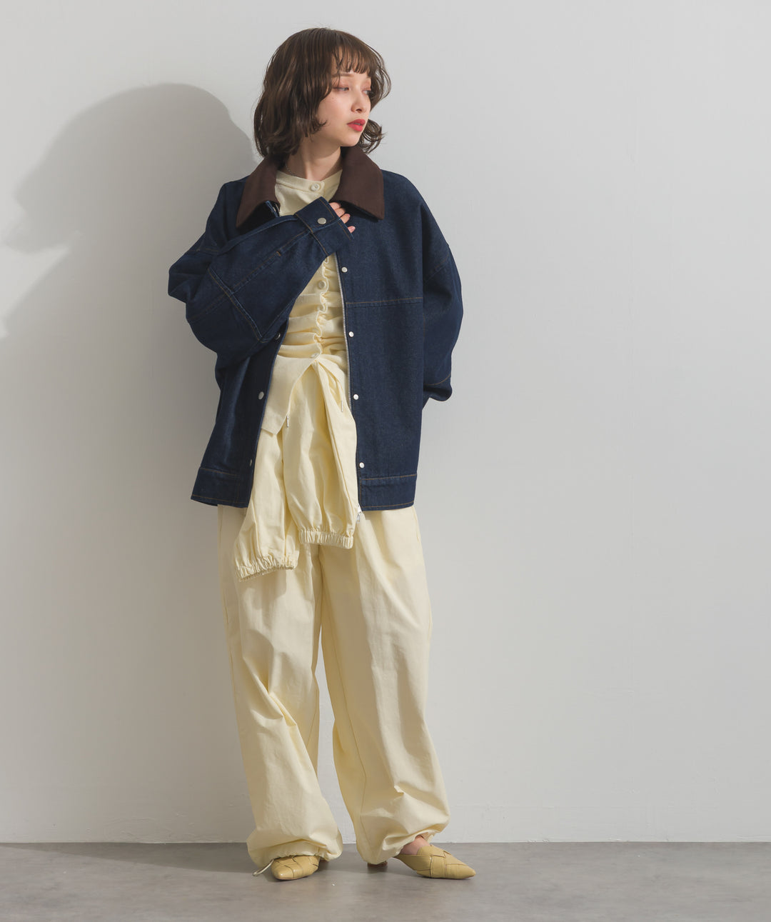 スウェード襟切替デニムブルゾン