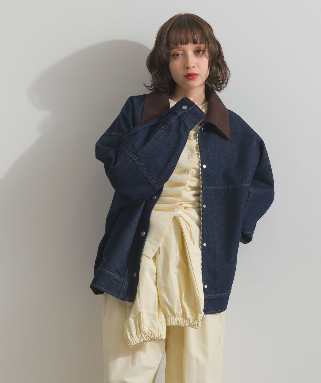スウェード襟切替デニムブルゾン