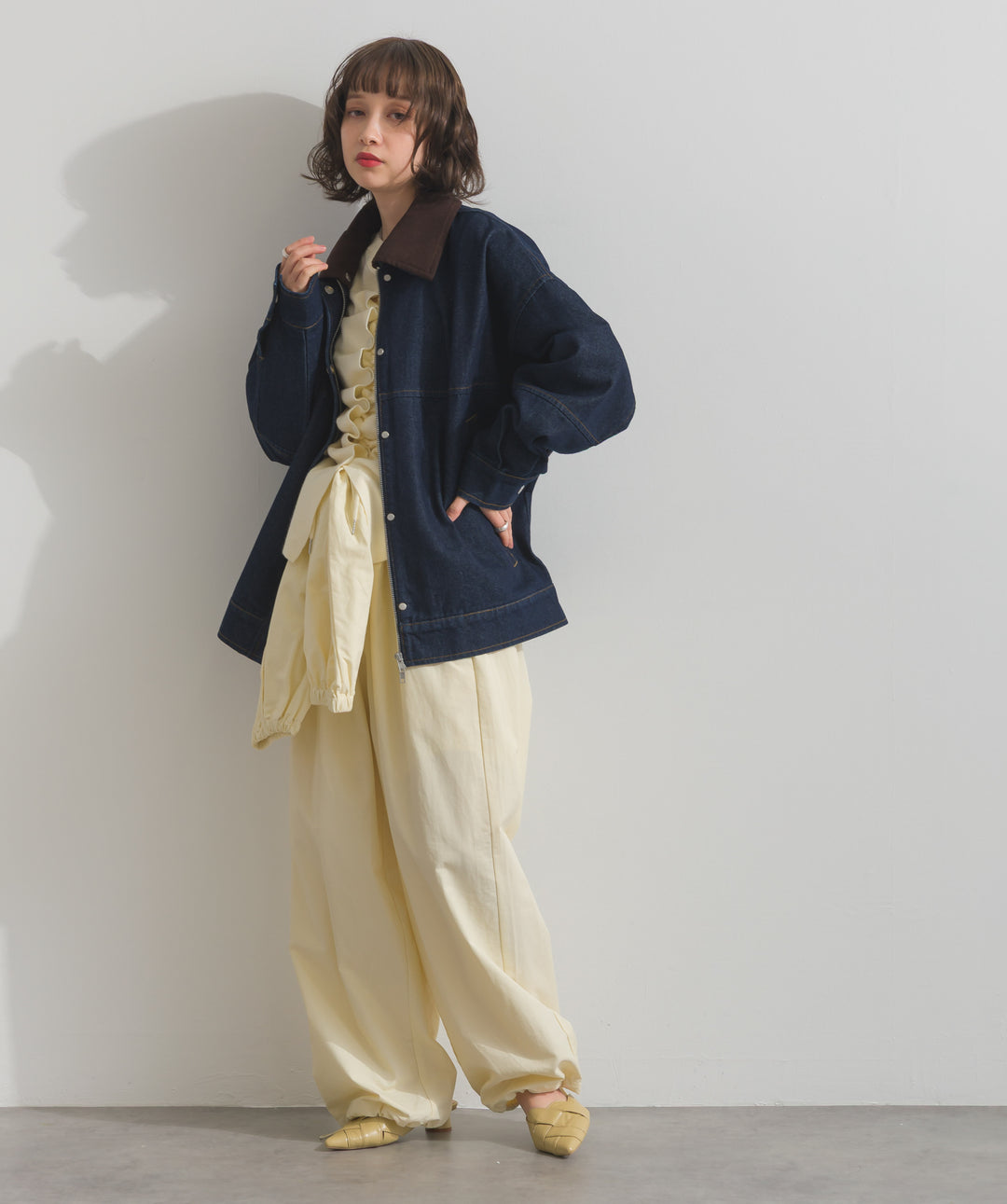 スウェード襟切替デニムブルゾン