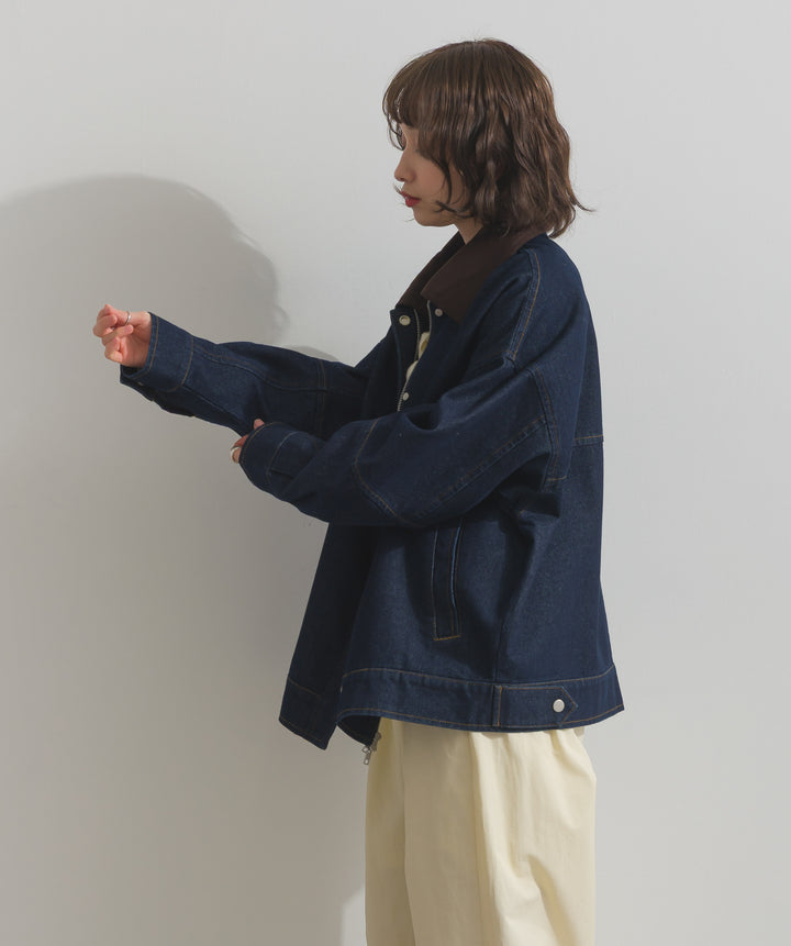 スウェード襟切替デニムブルゾン