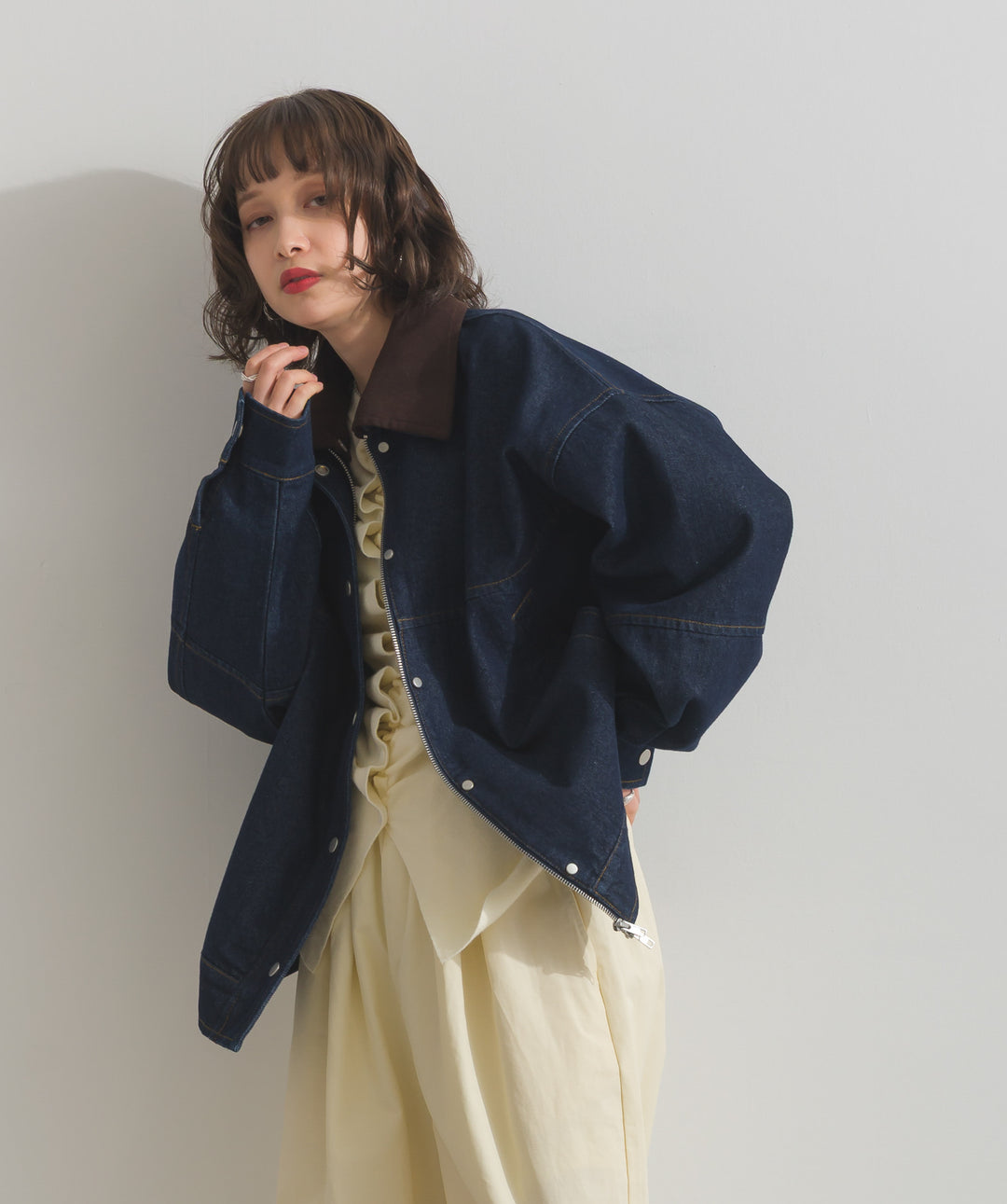 スウェード襟切替デニムブルゾン