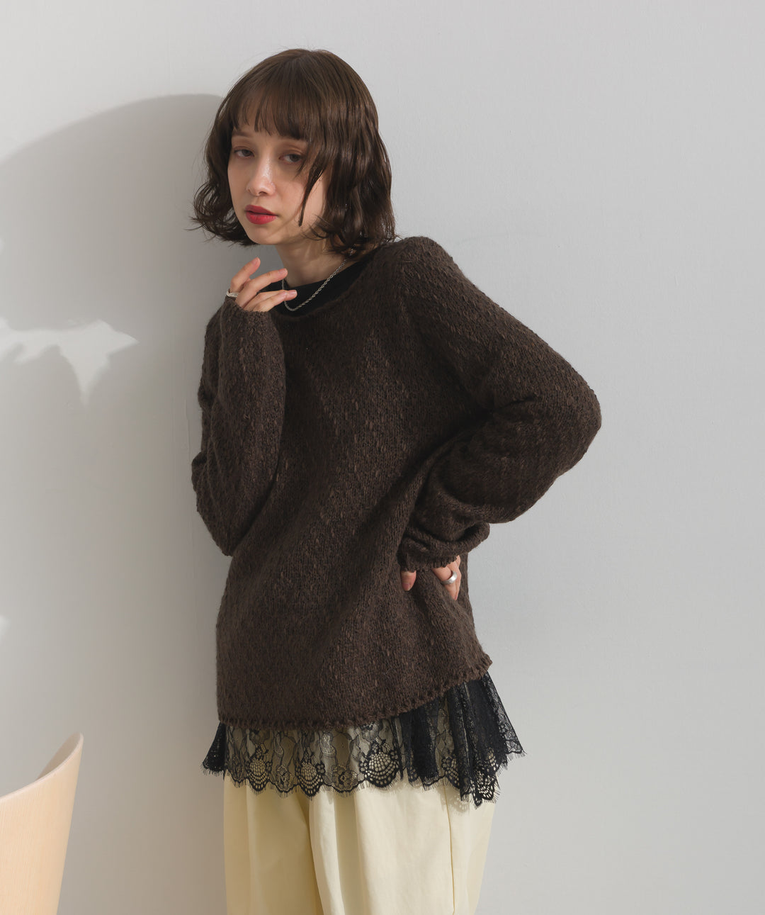 異素材ミックスヤーンニットプルオーバー